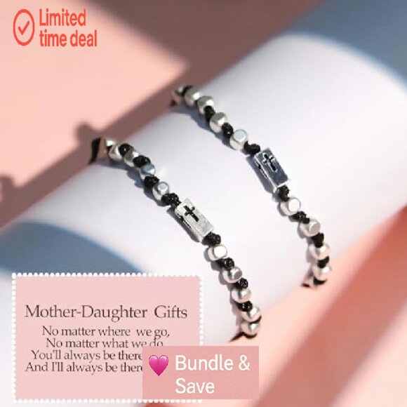 Adjustable Cross Bracelet Set, Copper & Silver Beads, Mother Daughter Gift - Picture 4 of 8